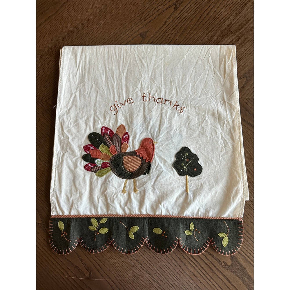 Pottery Barn Kids Give Thanks Turkey Applique Cotton Table Runner 17x70 Ivory